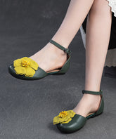 Sandalias de mujer para caminar con empalme floral de piel de vaca verde
